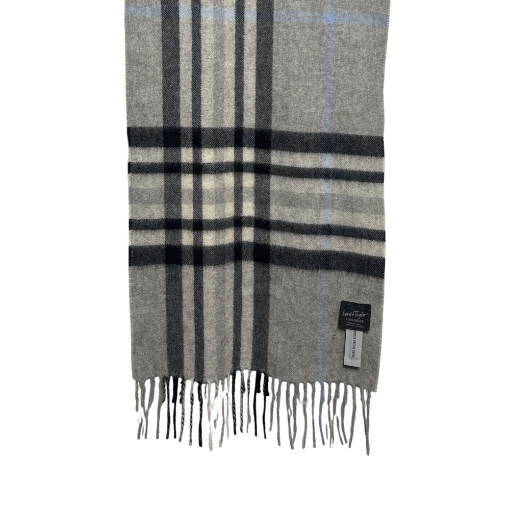Lord‎ & Taylor Giant Check Cashmere  Scarf Gray Black Blue Plaid Fringe Winter